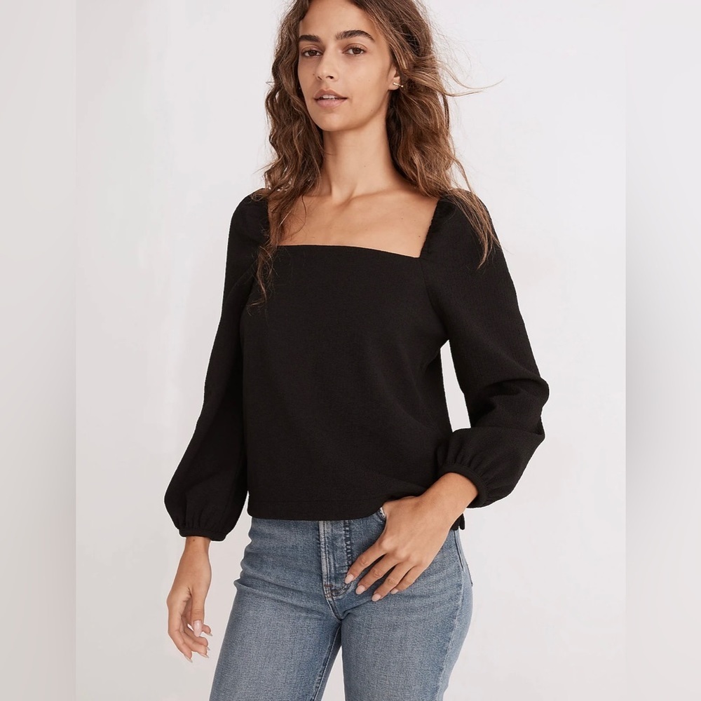 Madewell White Crepe Square-Neck Puff-Sleeve Top